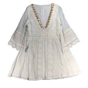 Mercury Duo Japanese Designer Boho Beachy Hippy White Gold Lace V Neck Dress S